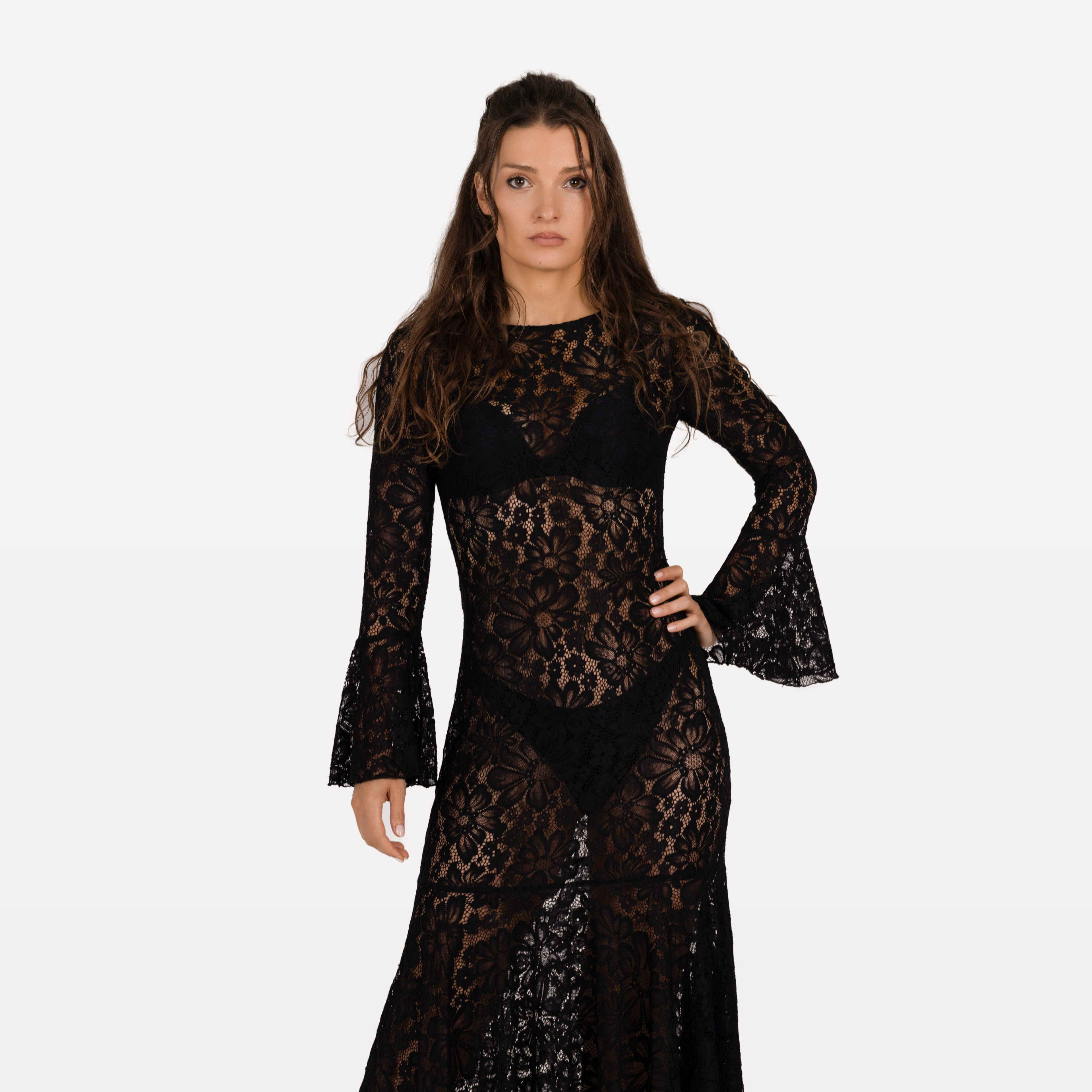 Robe longue dentelle noire - genou