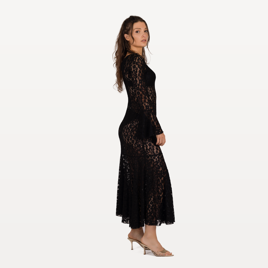 Robe longue dentelle noire - profil droit