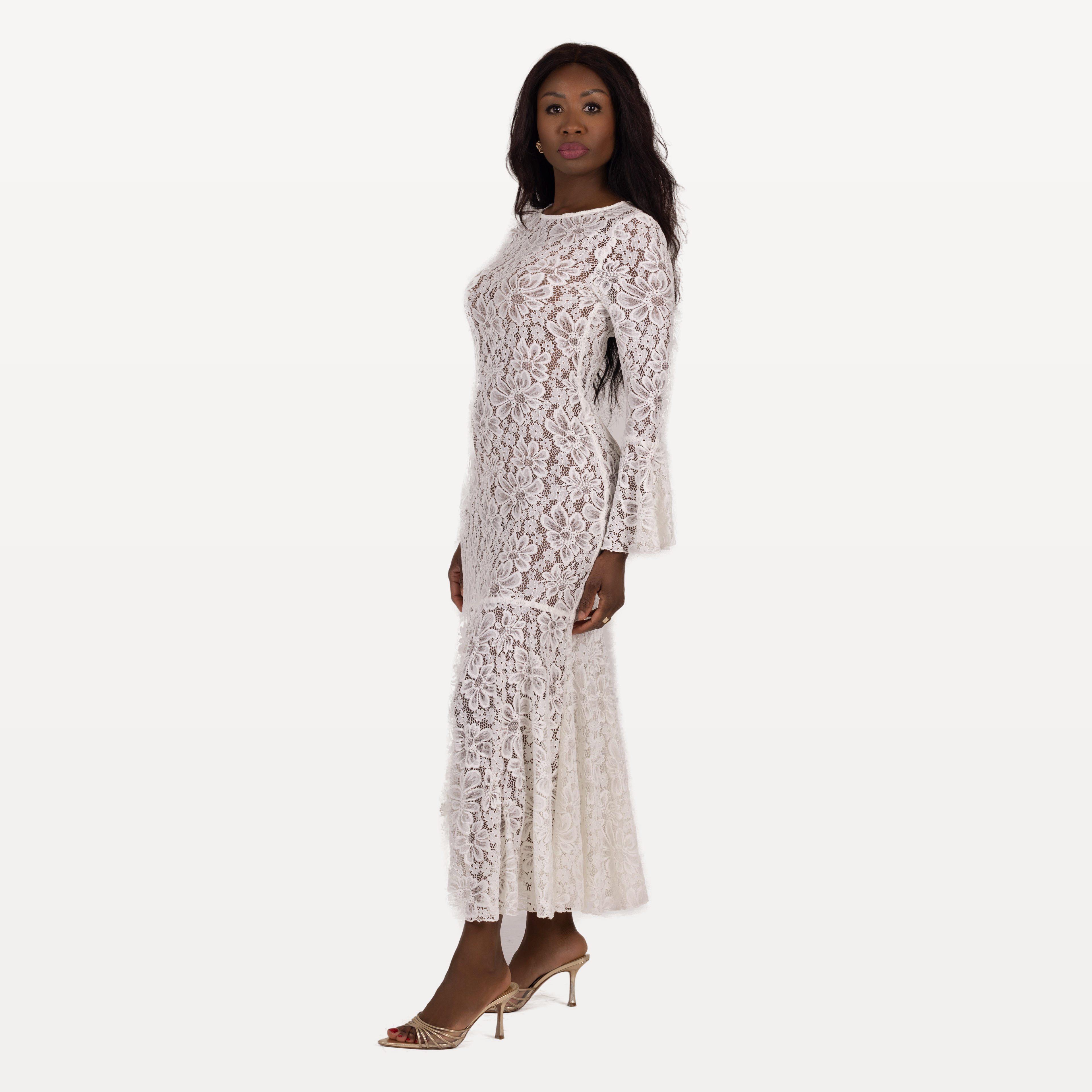 Robe longue dentelle ivoire - profil droit