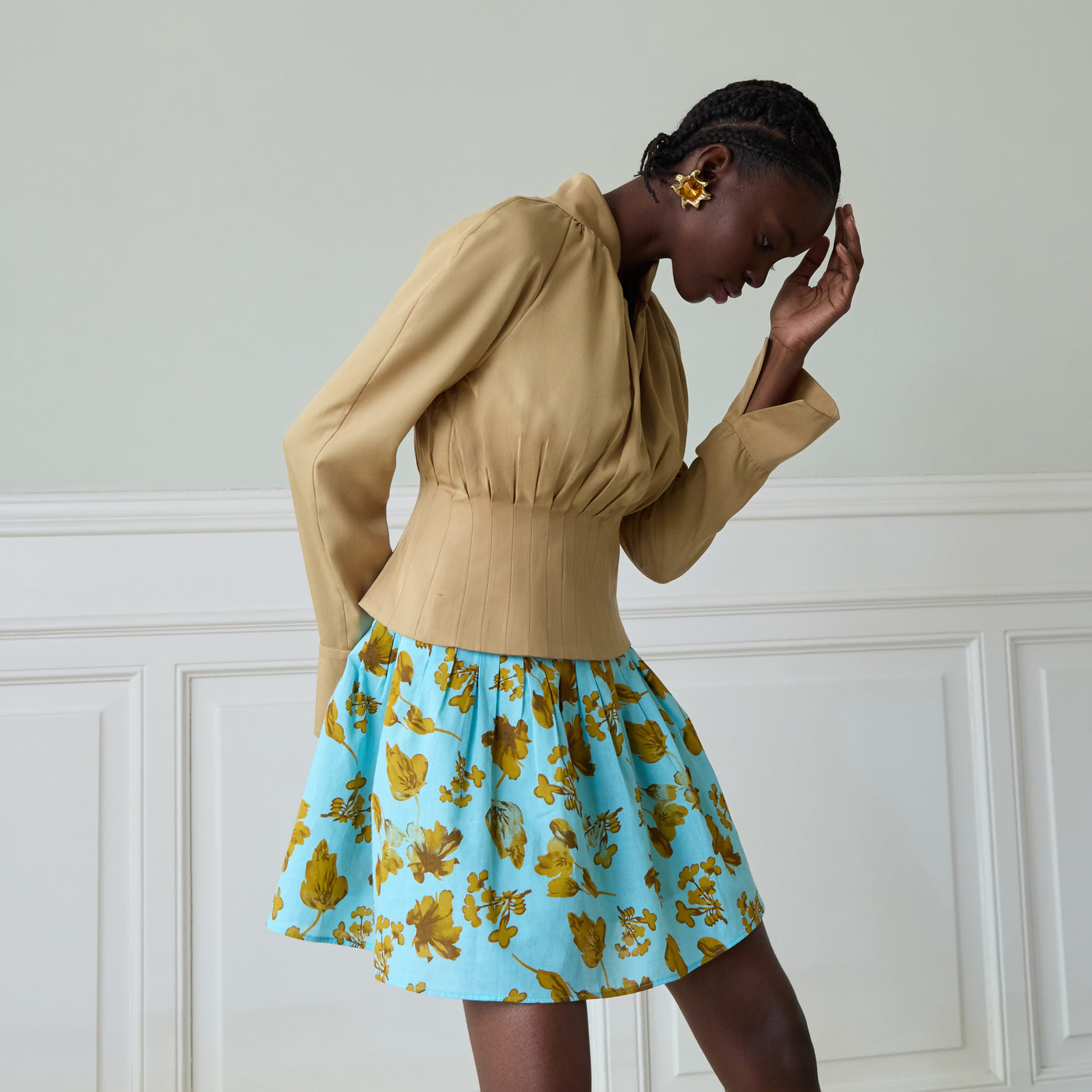 Jupe Nara turquoise imprimé fleurs jaunes
