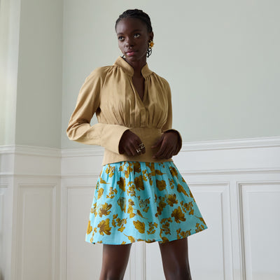 Jupe Nara turquoise imprimé fleurs jaunes