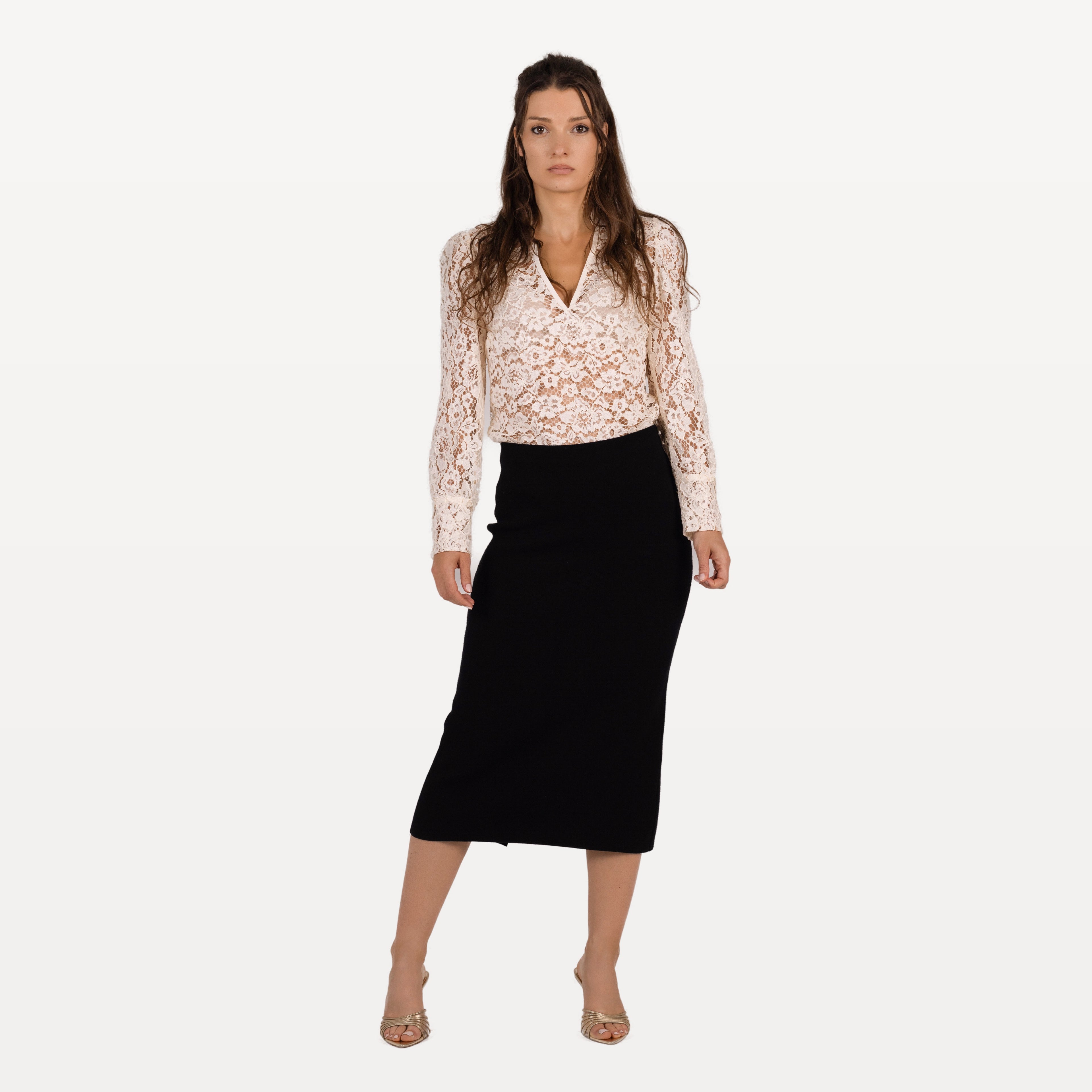 Jupe noire midi en laine - face