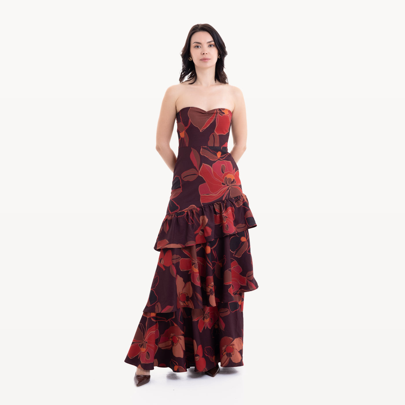 Robe longue rouge floral à volants - photo 6131