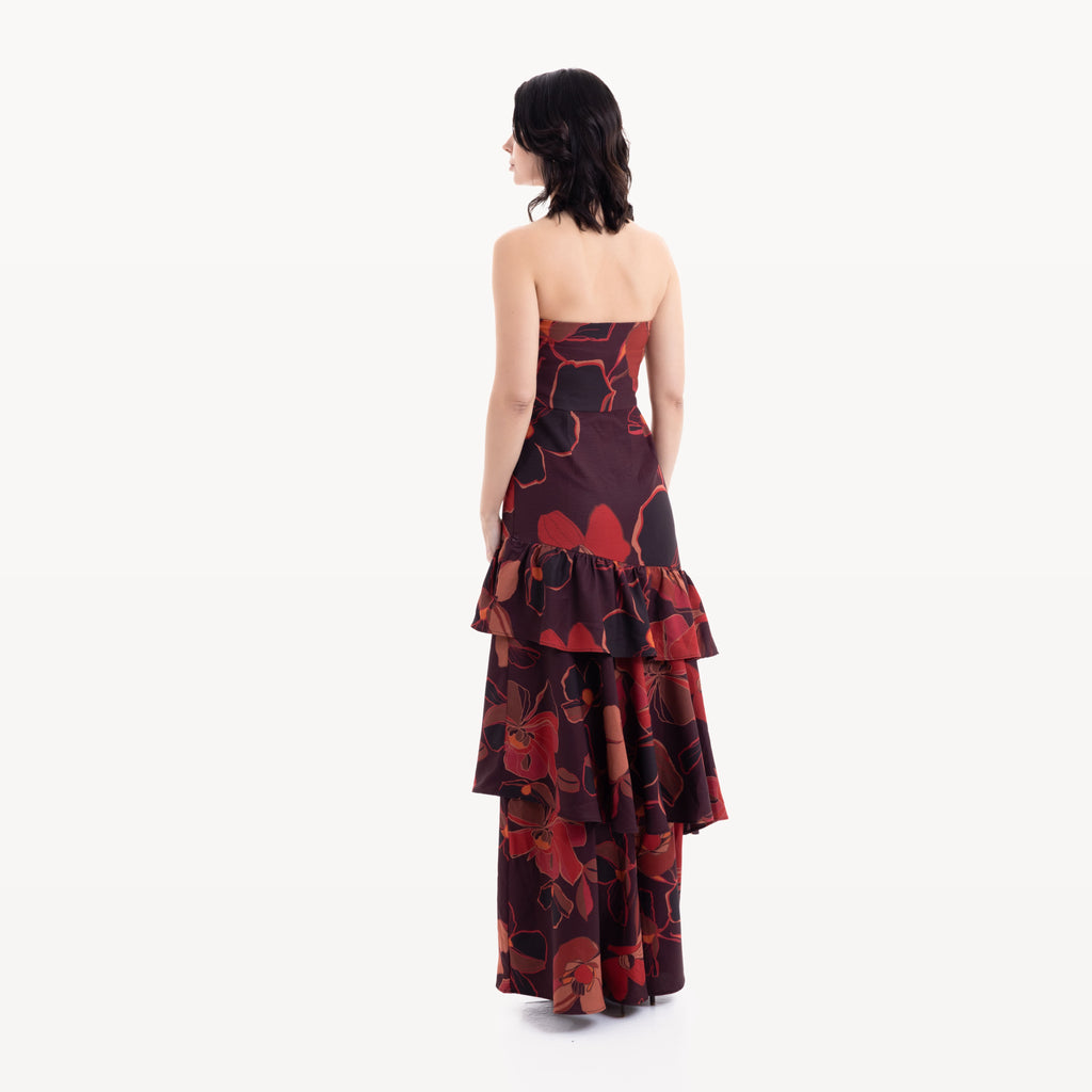Robe longue rouge floral à volants - photo 6136