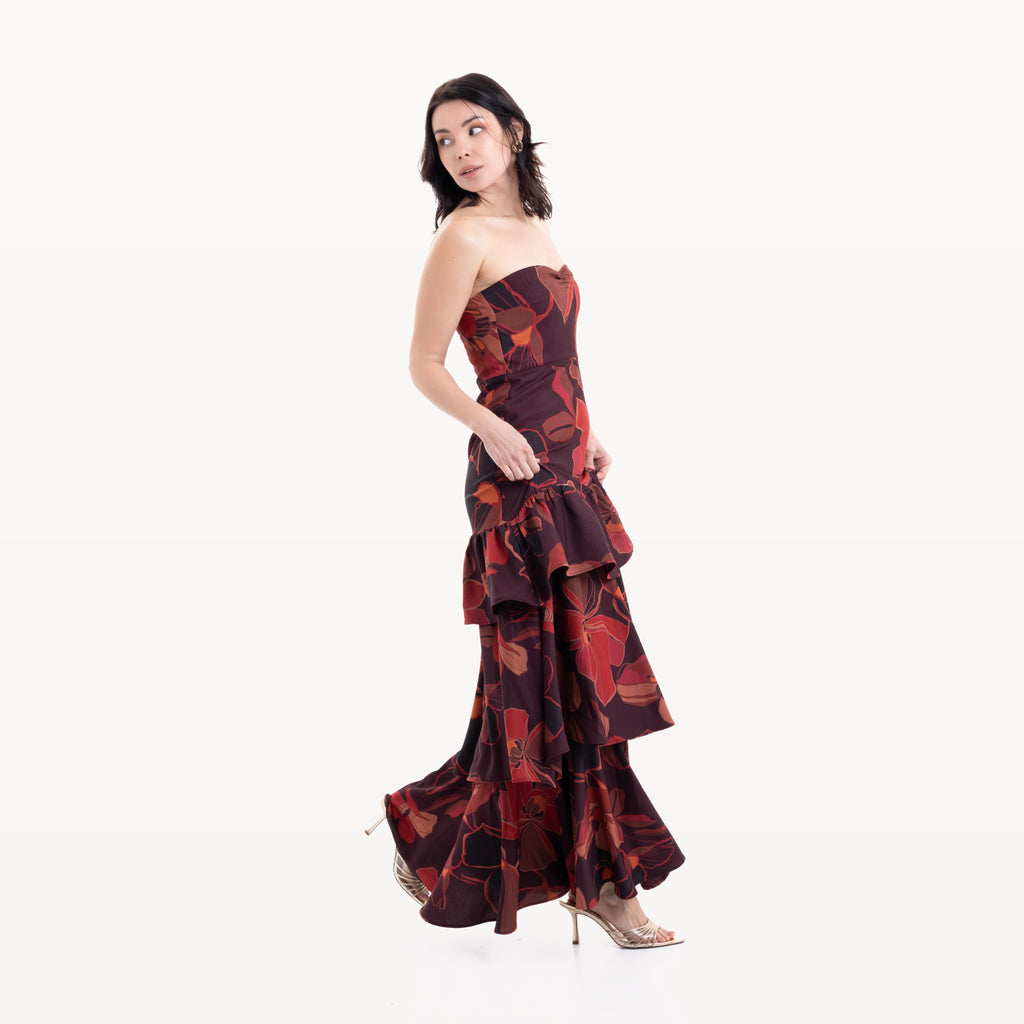 Robe longue rouge floral à volants - photo 6152
