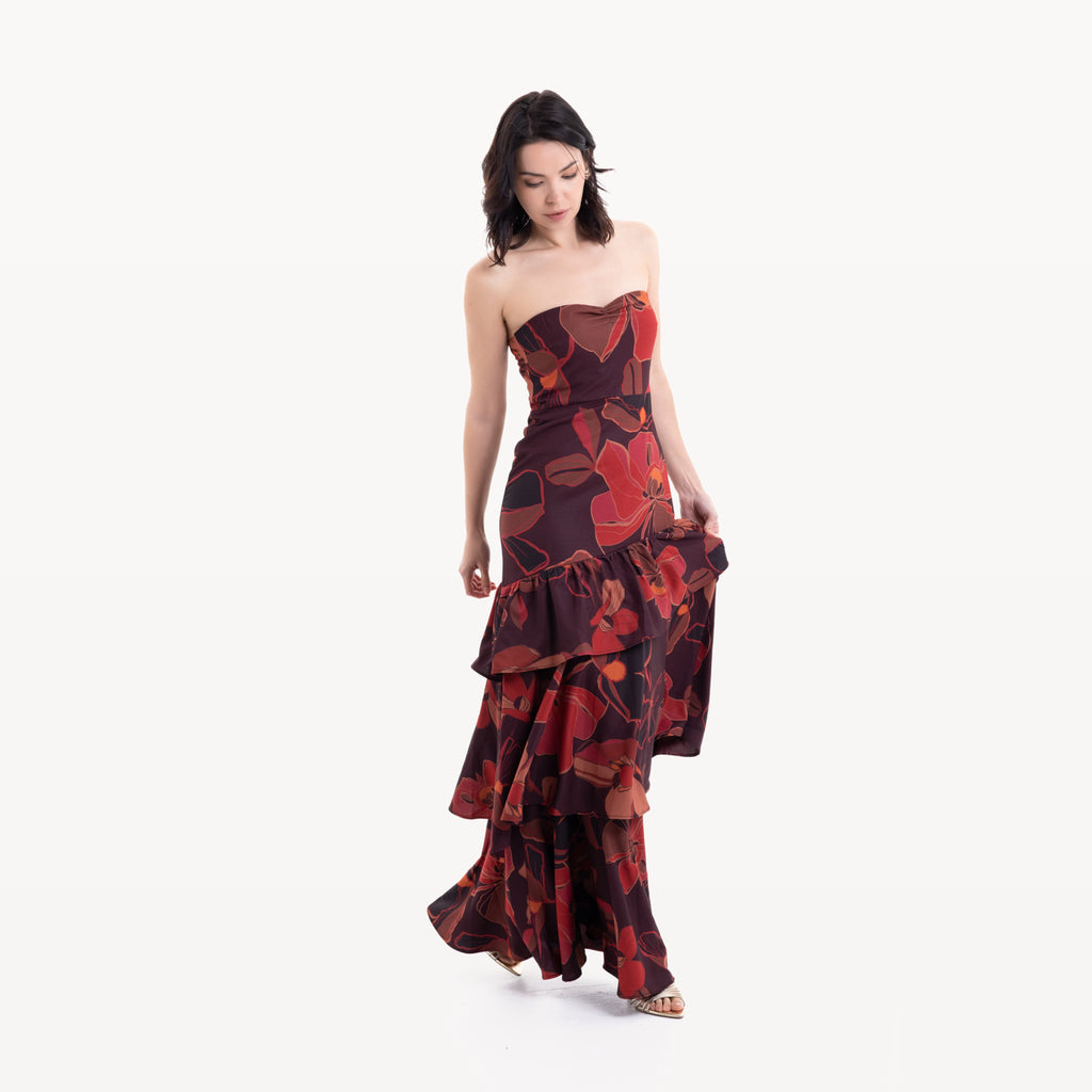 Robe longue rouge floral à volants - photo 6155