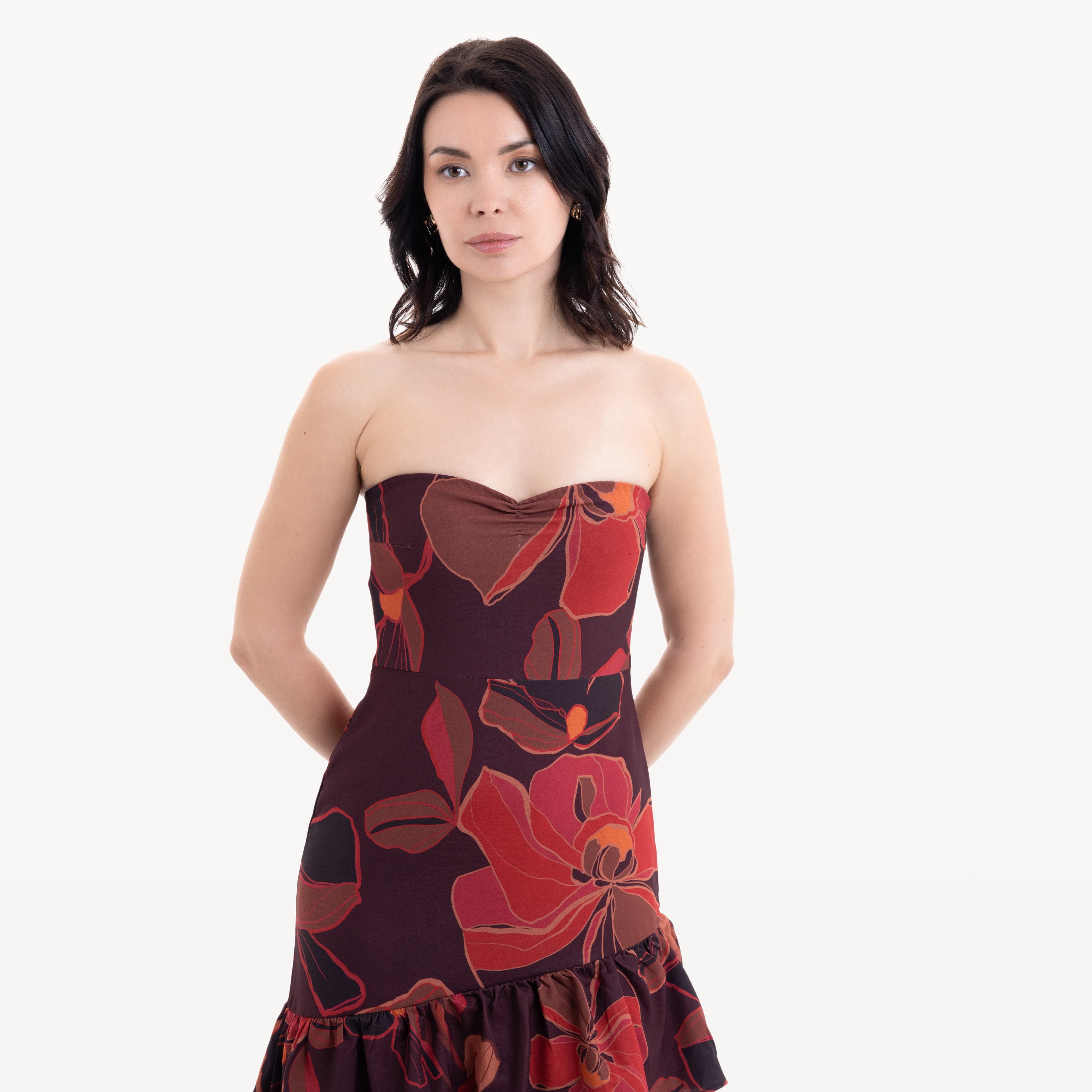 Robe longue rouge floral à volants - photo 6161